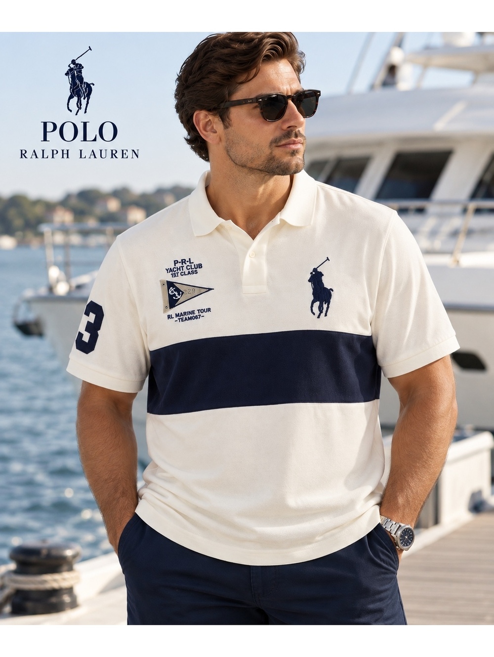 NWT Polo Ralph Lauren Mens 3XLT Big Pony Yacht Club Polo Shirt Off White Navy